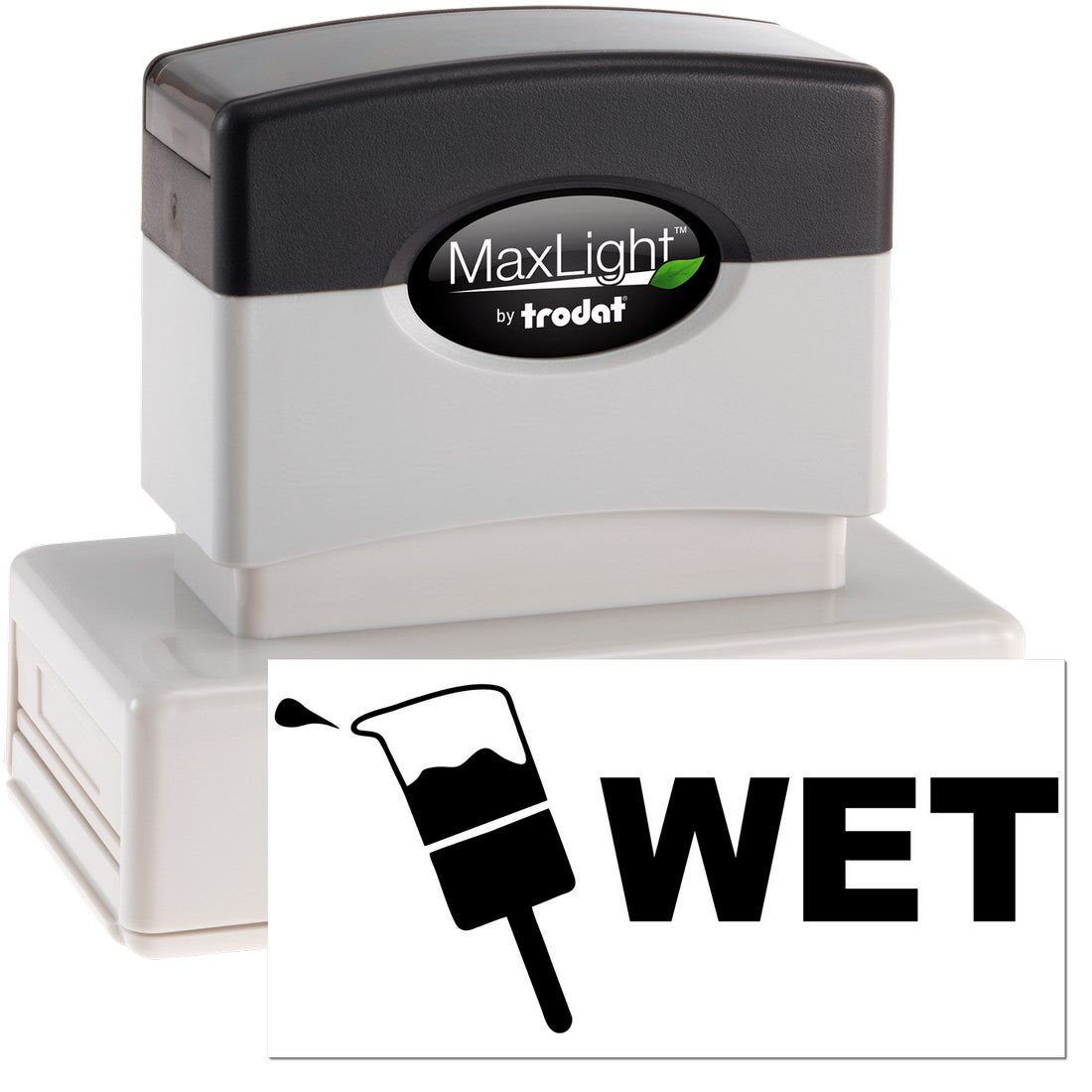 Image of Maxlight Premium Wet Stamp featuring a sleek black and white design with WET text and paintbrush icon, ideal for clear, bold impressions.