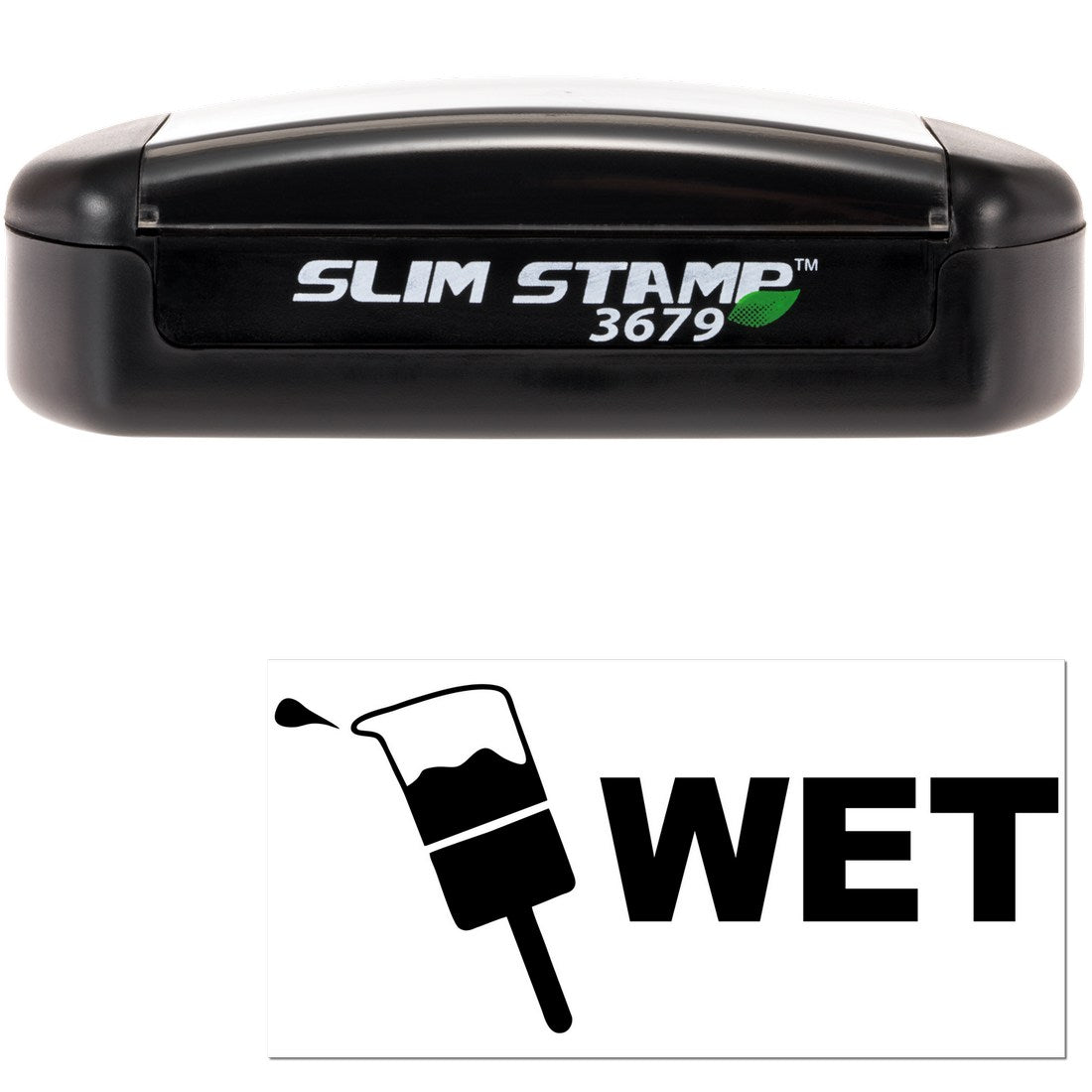 Image of the Slim Pre-Inked Wet Stamp, featuring a sleek black design with SLIM STAMP 3679 branding, and a WET symbol indicating its ink type. Ideal for efficient, mess-free stamping.