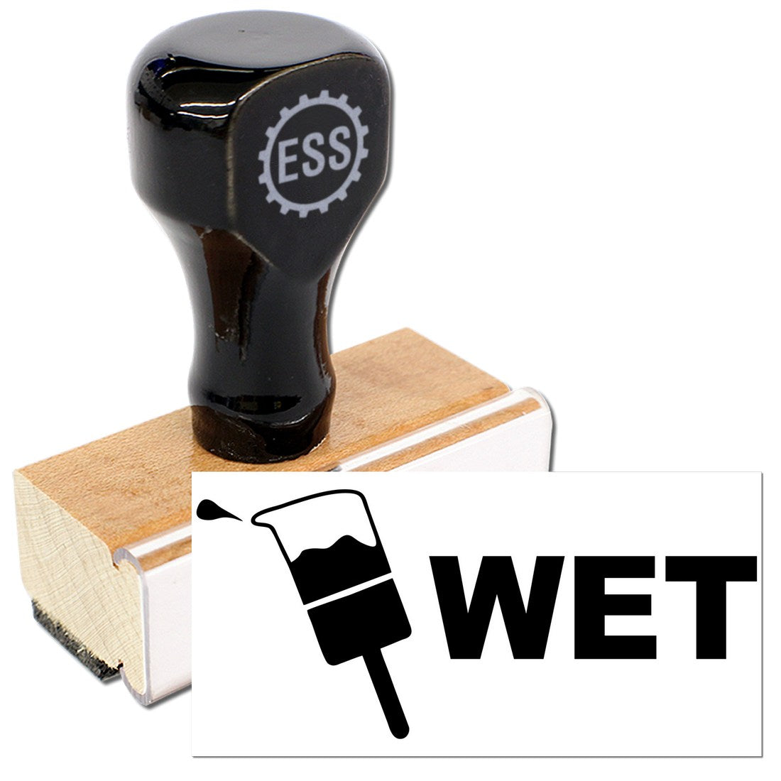 Wood Handle Wet Rubber Stamp with black top and wooden base, featuring 'ESS' logo. Ideal for marking wet surfaces. High-quality craftsmanship for durability and precision.