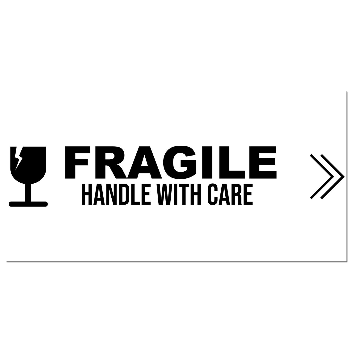 Slim Pre-Inked Fragile Handle With Care Stamp featuring bold black text and a fragile icon on a white background, ideal for marking packages.