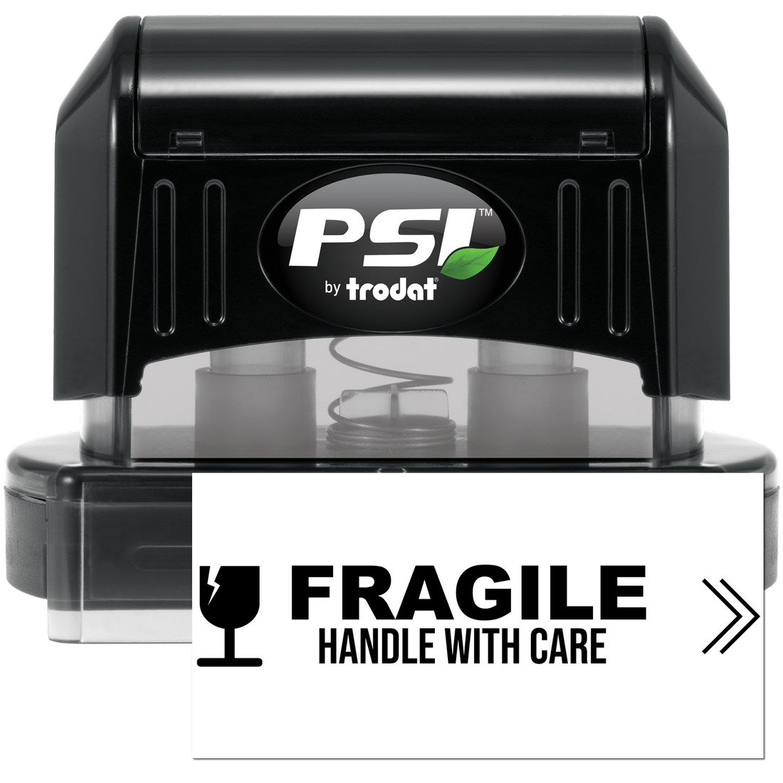 PSI Pre-Inked Fragile Handle With Care Stamp, black casing, clear base, and bold FRAGILE HANDLE WITH CARE text with a fragile icon. Ideal for marking packages.