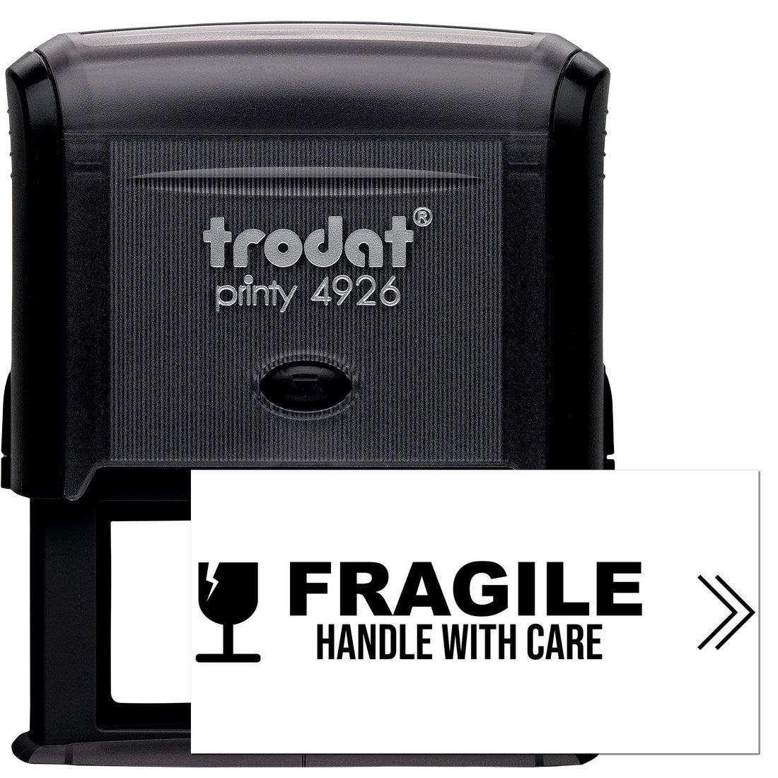 Self-Inking Fragile Handle With Care Stamp in black, featuring bold text and a fragile symbol. Ideal for marking packages, ensuring safe handling. Compact design with durable construction.