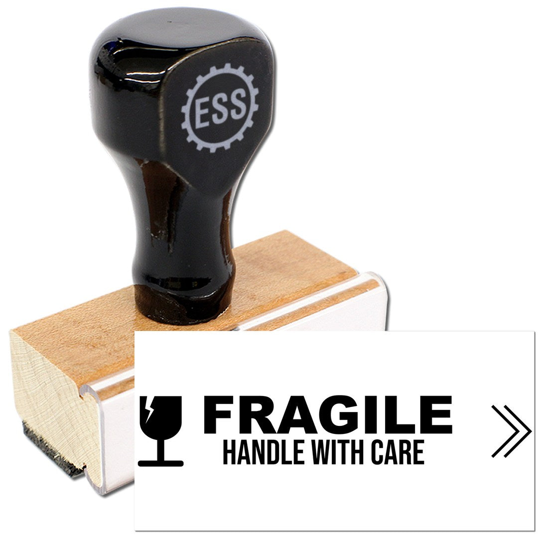 Wood Handle Fragile Handle With Care Rubber Stamp featuring a black grip and wooden base, designed for marking packages with a Fragile Handle With Care message.