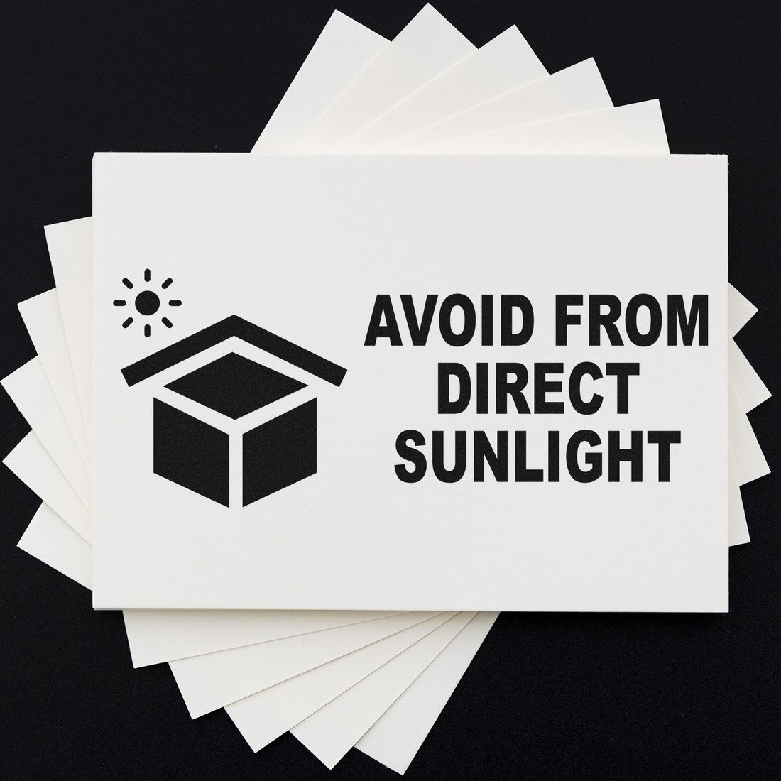 Image of a Wood Handle Sunlight Protection Warning Rubber Stamp featuring a wooden handle and a stamp with the text Avoid from Direct Sunlight alongside a sun and box icon.