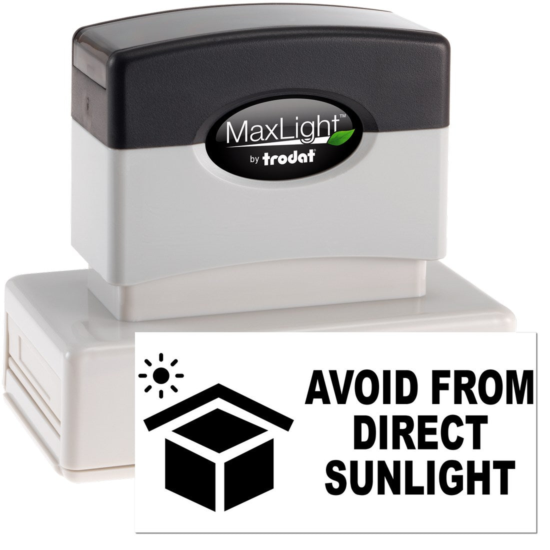 Maxlight Premium Sunlight Protection Warning Stamp, featuring a black and white design with Avoid from Direct Sunlight text and sun icon, ideal for office use.