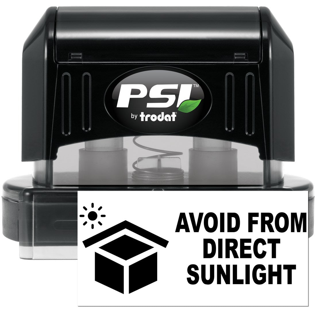 Image of the PSI Pre-Inked Sunlight Protection Warning Stamp, featuring a black casing with a clear base and a warning message: Avoid from Direct Sunlight alongside a sun icon.