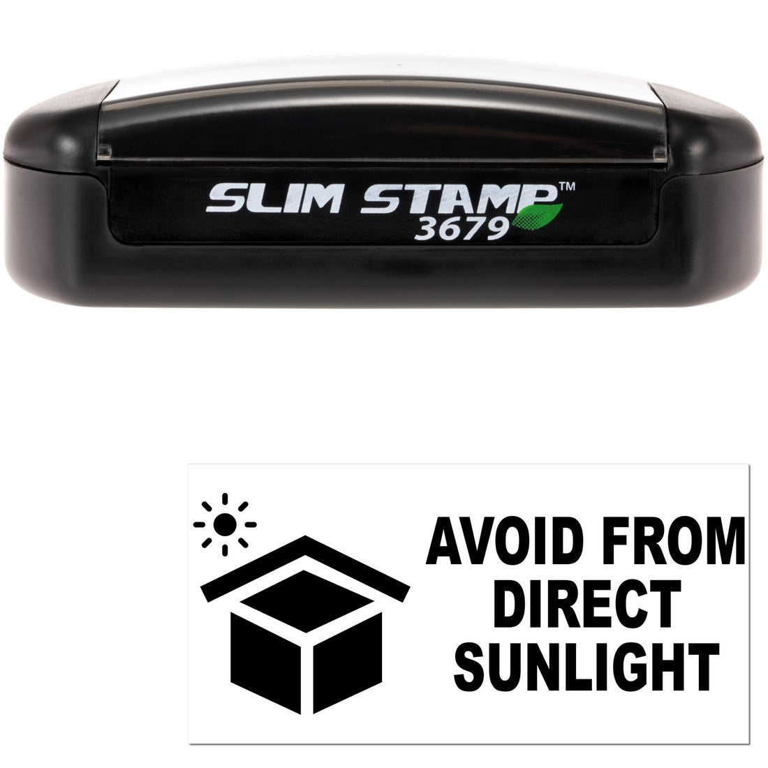 Slim Pre-Inked Sunlight Protection Warning Stamp, black casing, compact design, with 'Avoid from Direct Sunlight' warning symbol and text.