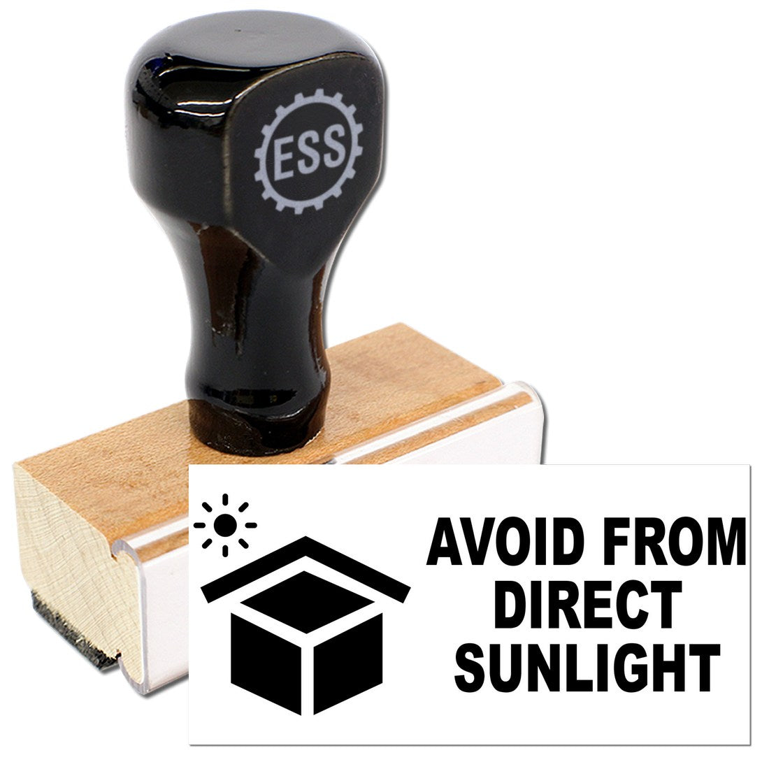 Wood Handle Sunlight Protection Warning Rubber Stamp with black top and engraved 'ESS' logo, featuring 'Avoid from Direct Sunlight' message on a white background.