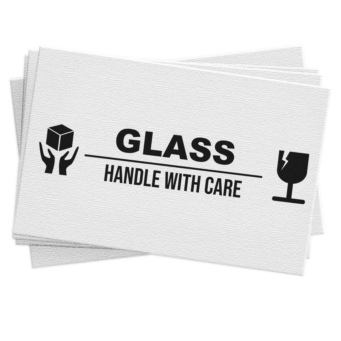 PSI Pre-Inked Glass Handle With Care Stamp featuring bold text and icons of hands holding a box and a fragile glass symbol, designed for marking packages with care instructions.