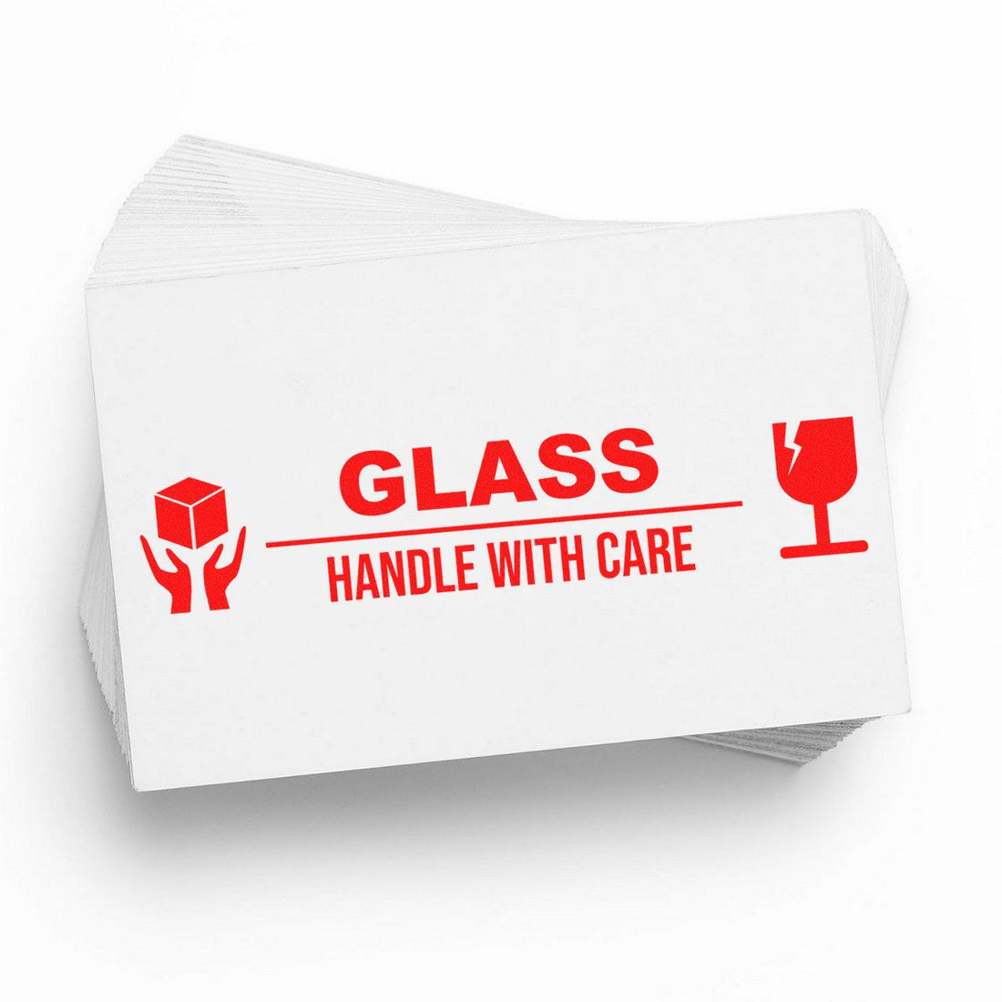 Image of a Slim Pre-Inked Glass Handle With Care Stamp featuring bold red text and icons on a white background, designed for marking packages containing fragile glass items.