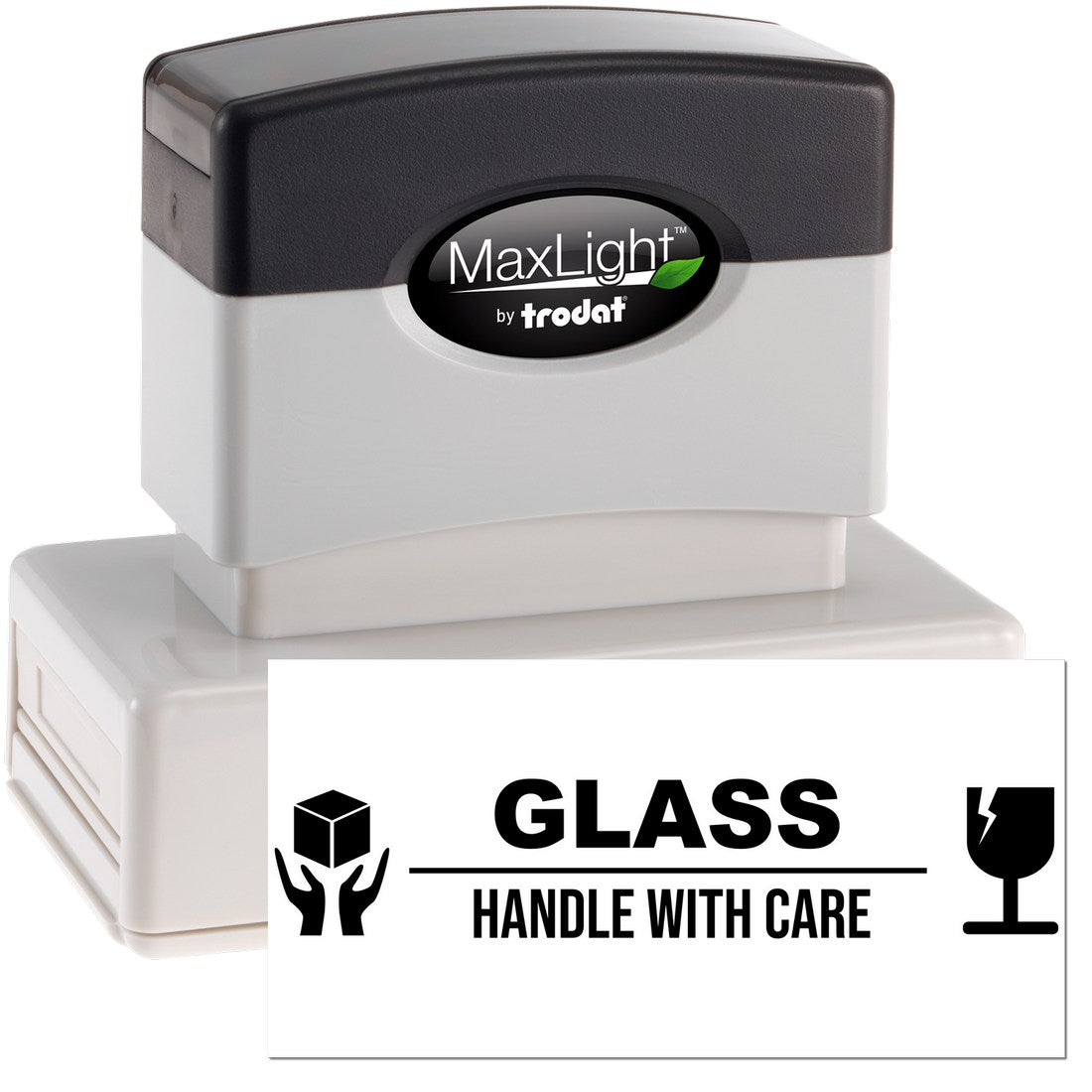 Maxlight Premium Glass Handle With Care Stamp, featuring a black and white design with 'GLASS HANDLE WITH CARE' text and symbols for fragile items. Ideal for packaging needs.