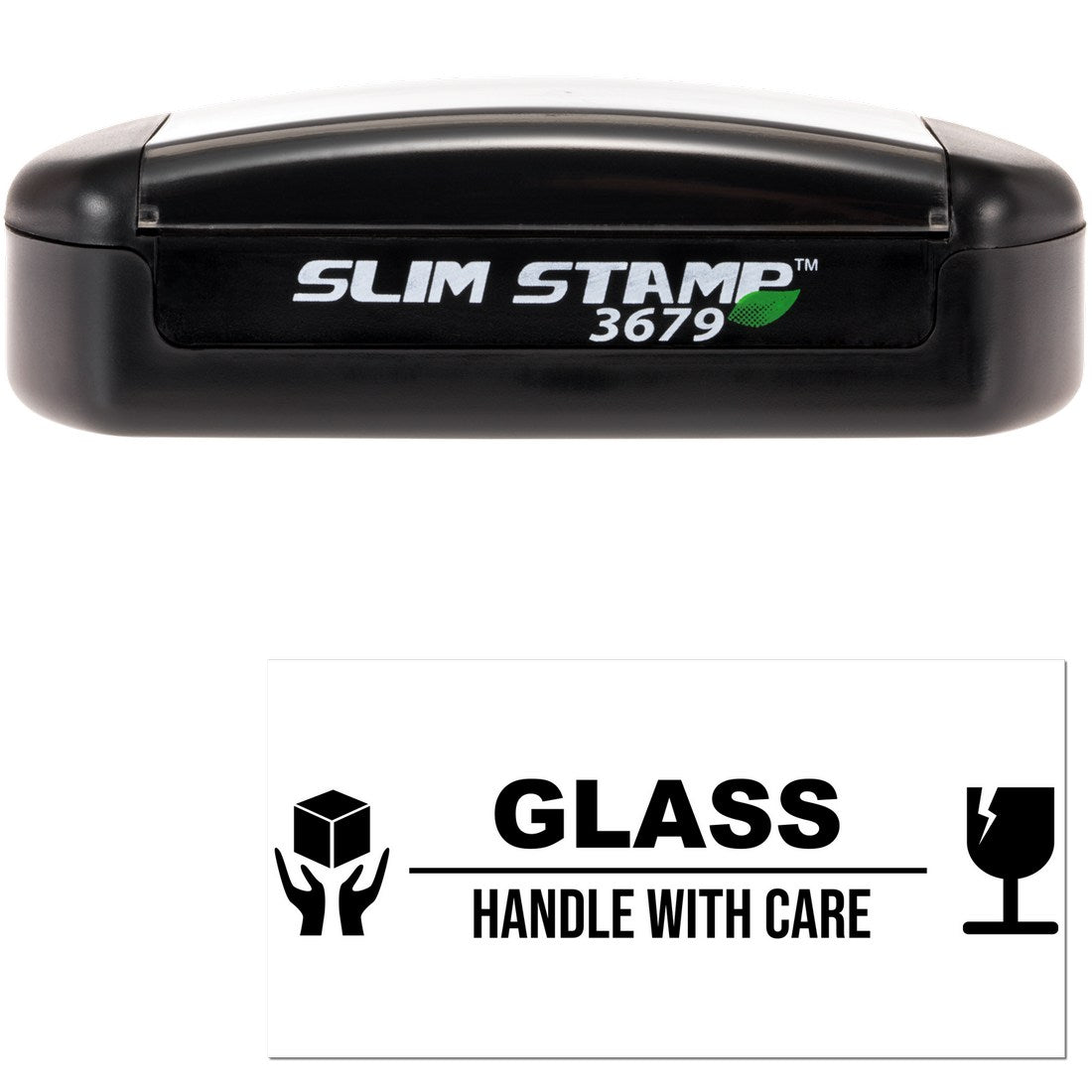 Slim Pre-Inked Glass Handle With Care Stamp, featuring a sleek black design with 'SLIM STAMP 3679' branding, ideal for marking fragile packages. Compact and efficient for shipping needs.