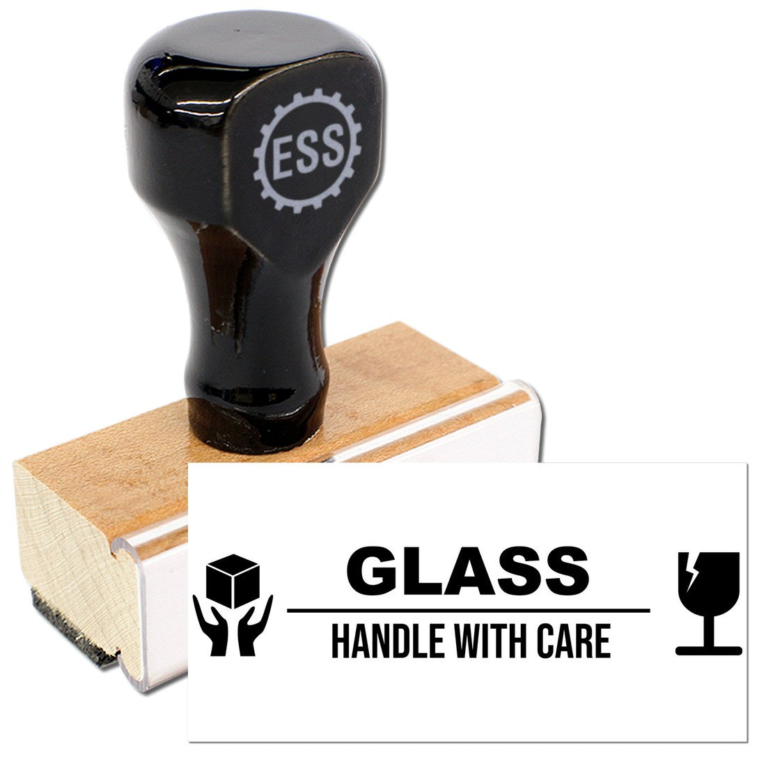 Wood Handle Glass Handle With Care Rubber Stamp featuring a sturdy wooden base and black rubber top, designed for marking fragile glass items.