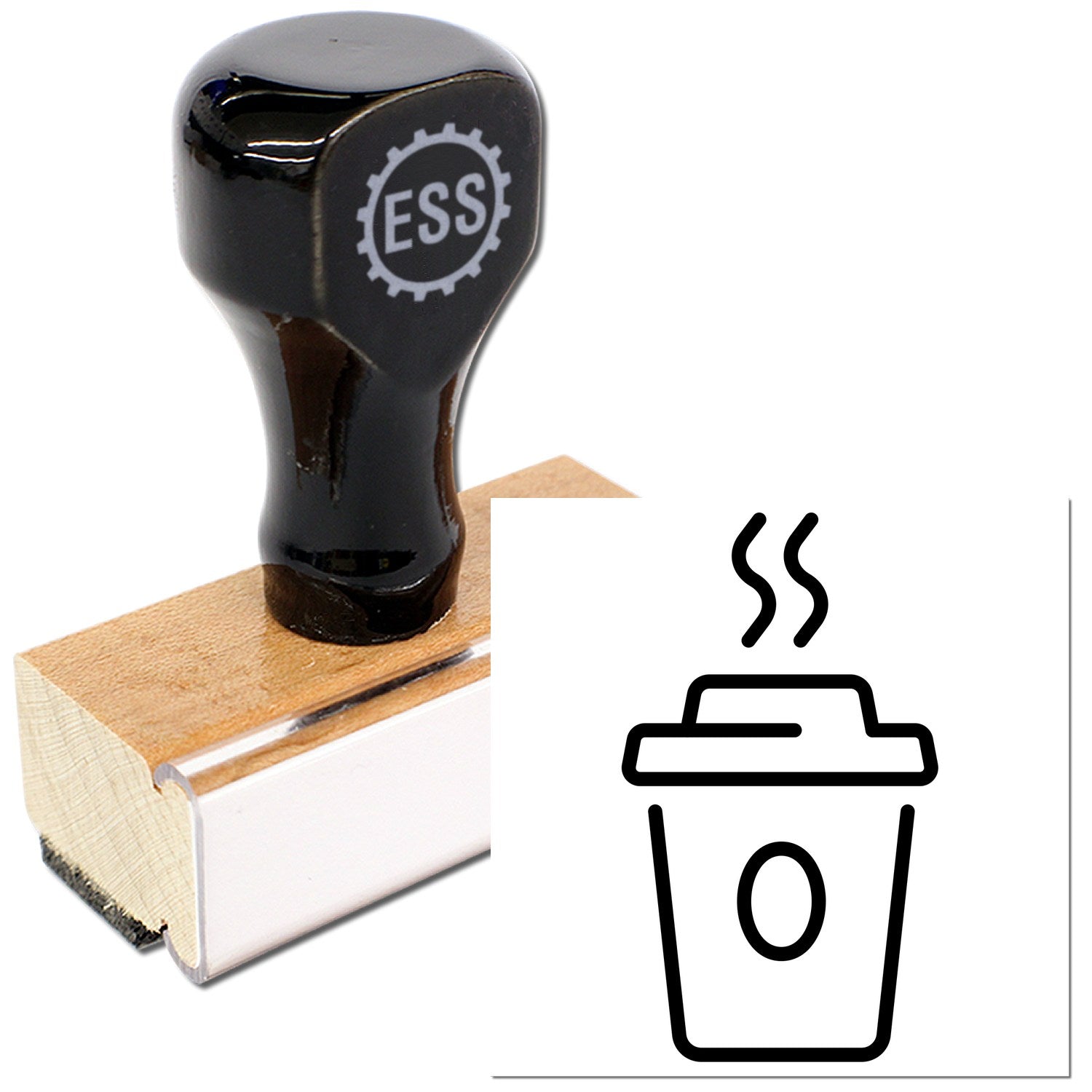 Wood Handle Java Joy Customer Loyalty Rubber Stamp with a sleek black top and wooden base, featuring a coffee cup design. Perfect for enhancing customer engagement and brand loyalty.