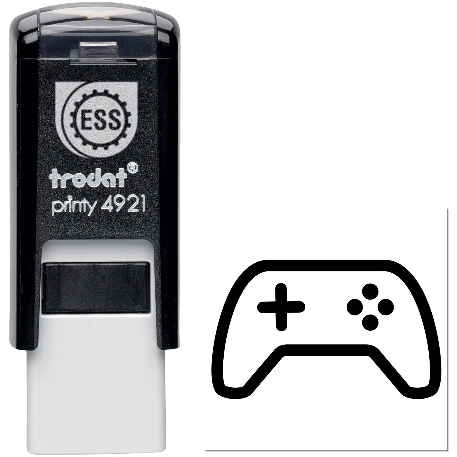 Self-Inking Game On! Reward Stamp with black casing and game controller icon, featuring Trodat Printy 4921 design for easy stamping.