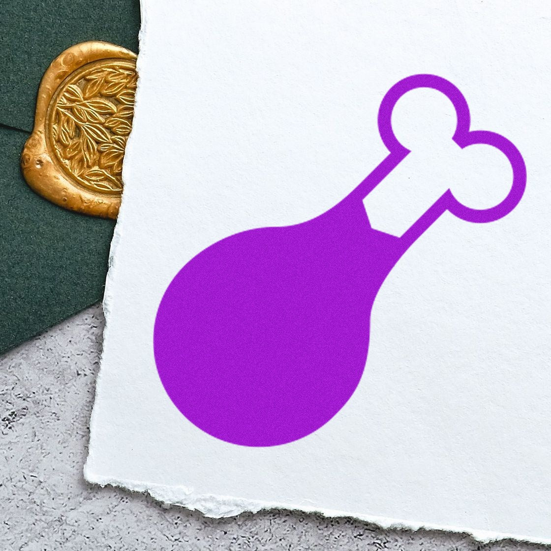 Wood Handle Foodie Delight Loyalty Card Rubber Stamp with a purple chicken drumstick design, displayed on textured paper with a decorative wax seal.