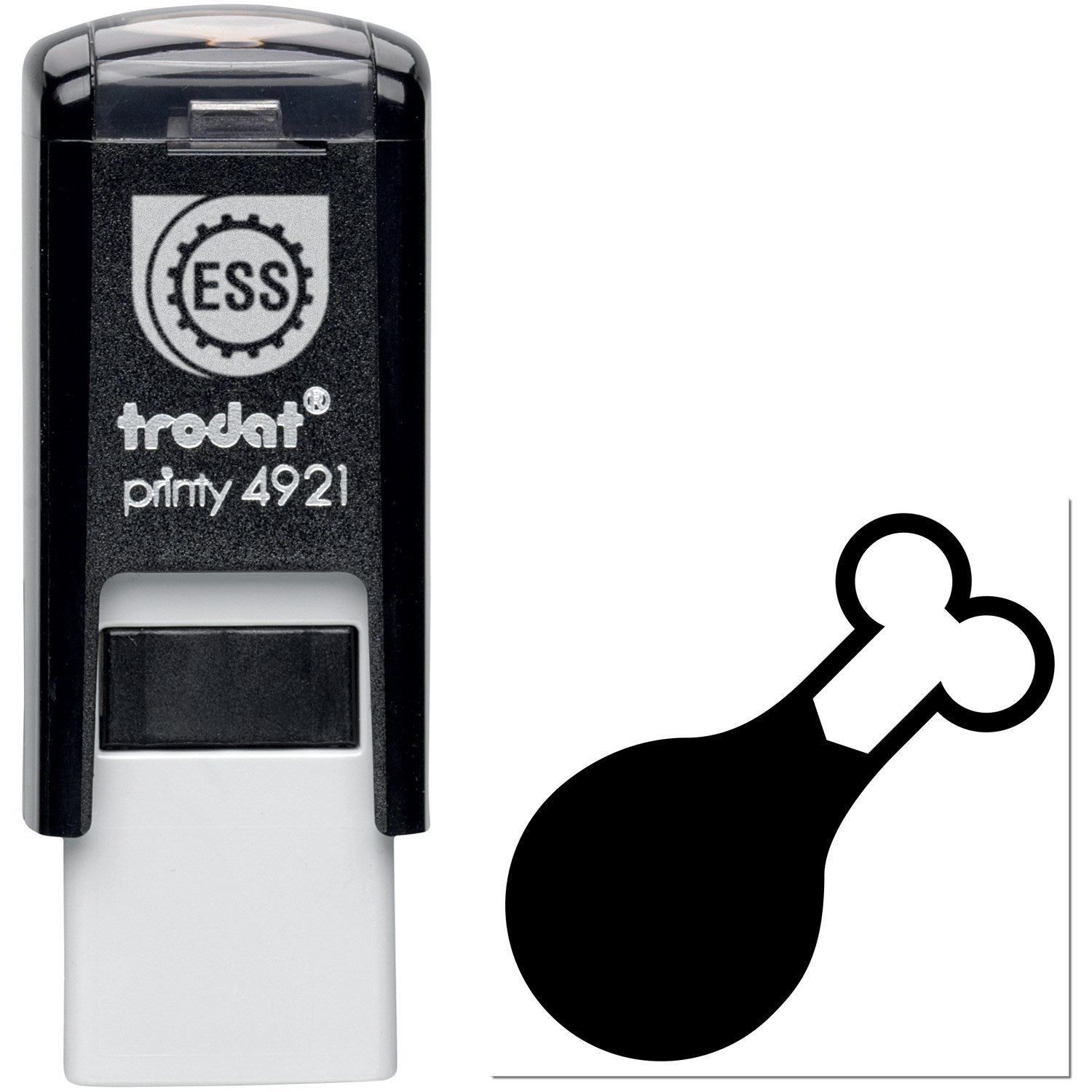 Self-Inking Foodie Delight Loyalty Card Stamp featuring a black handle and a chicken drumstick design imprint. Perfect for restaurant loyalty programs and promotions.