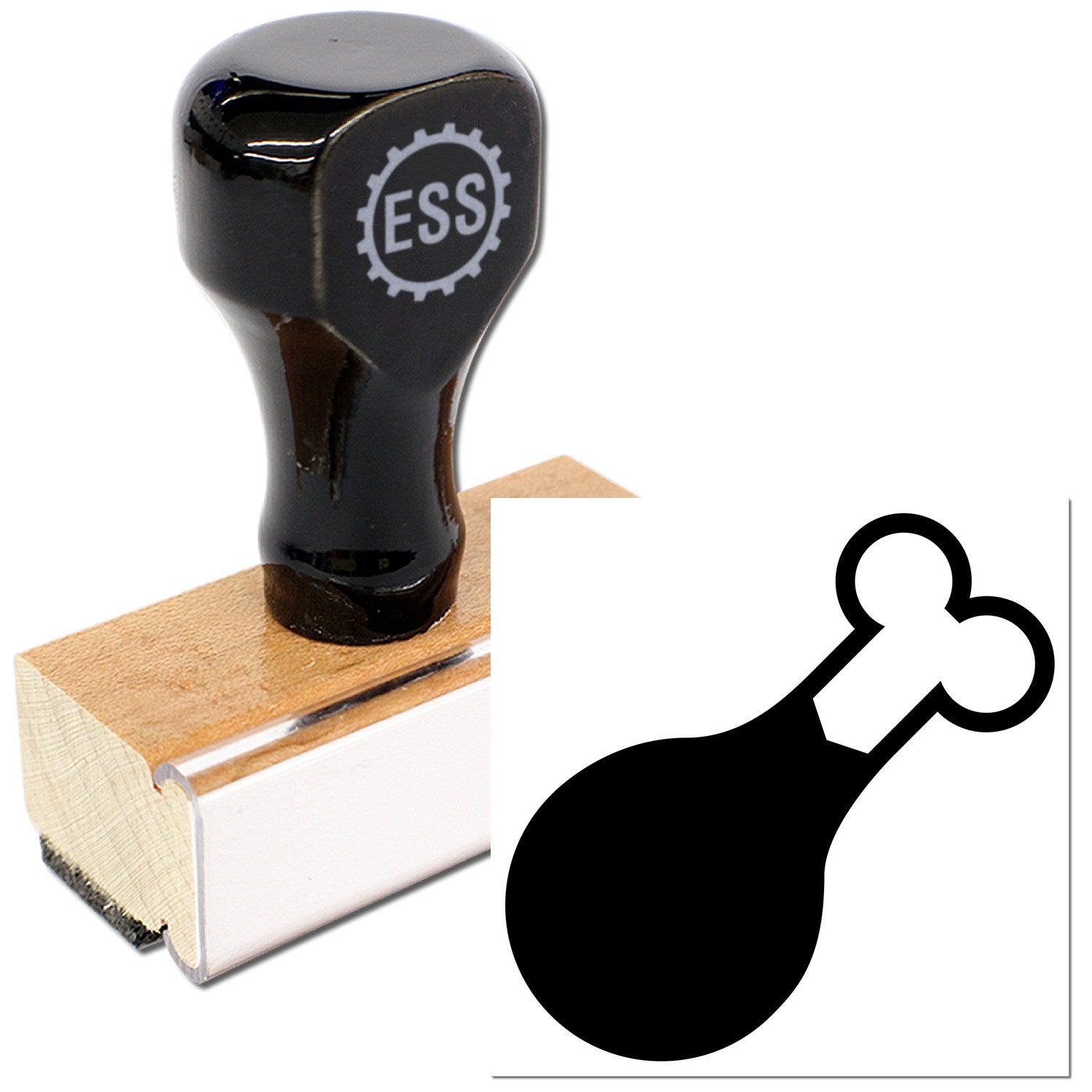 Wood Handle Foodie Delight Loyalty Card Rubber Stamp with a sleek black top and wooden base, featuring a chicken drumstick design. Perfect for adding a unique touch to loyalty cards.