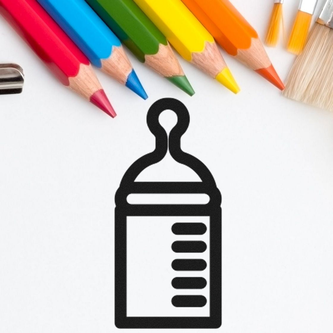 Self-Inking Bundle of Joy Frequent Buyer Stamp with baby bottle design, surrounded by colorful pencils and paintbrushes on a white background.