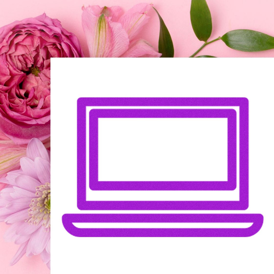 Self-Inking Techie Punch Card Stamp with a purple laptop design, set against a floral background with pink and white flowers.