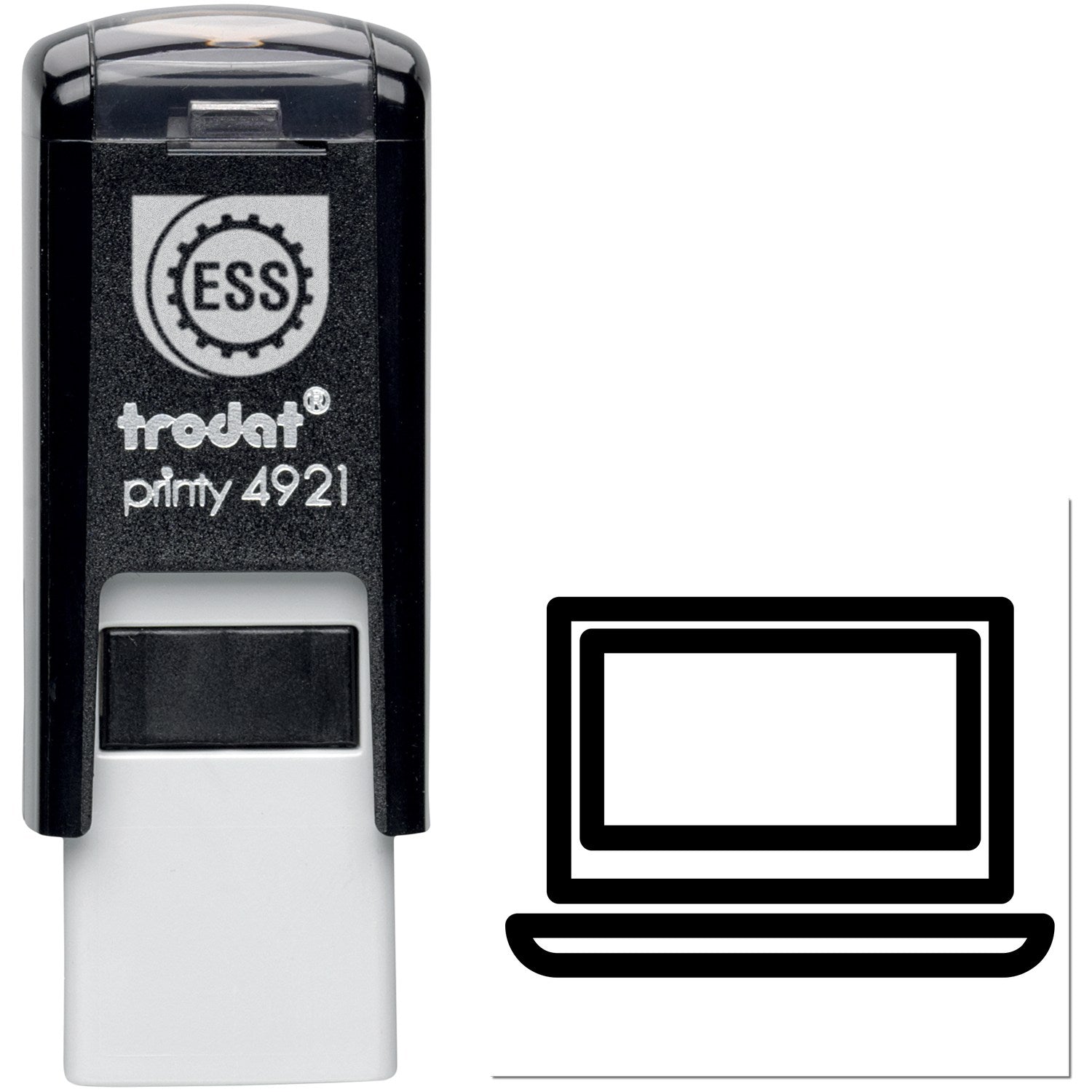 Self-Inking Techie Punch Card Stamp featuring a black casing with a laptop icon imprint. Ideal for tech-themed stamping needs.