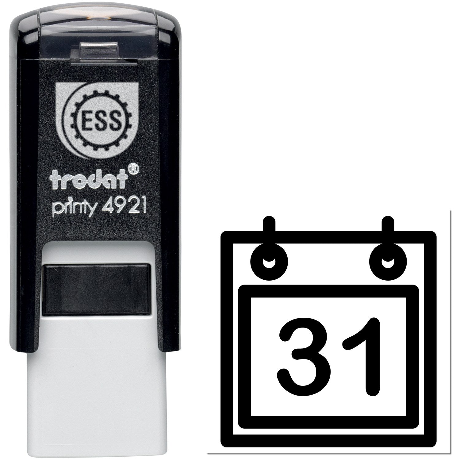 Self-Inking Monthly Loyalty Program Stamp with black casing and calendar icon, featuring durable design for efficient stamping. Ideal for businesses tracking customer visits.