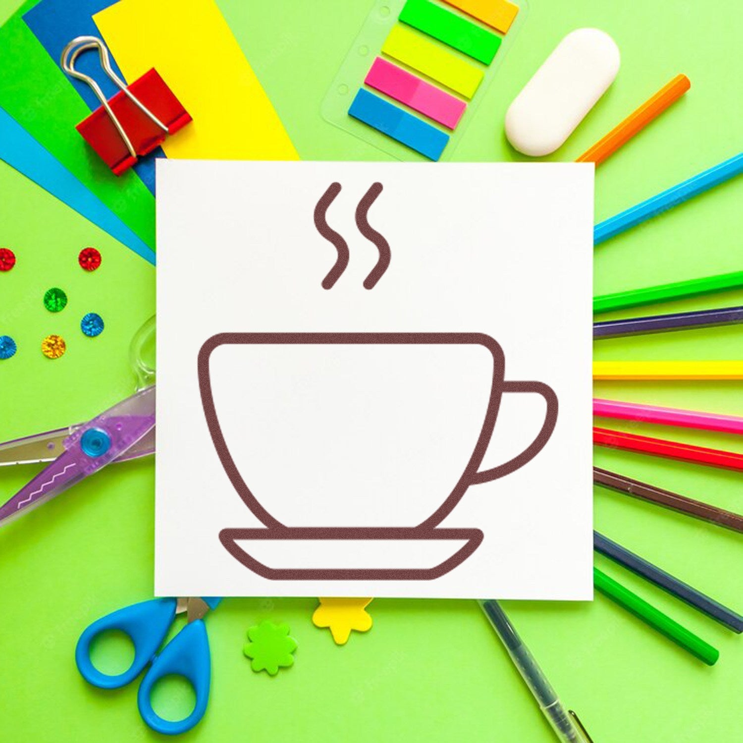 Wood Handle Steaming Coffee Cup Loyalty Rubber Stamp on a vibrant green background with colorful stationery items, featuring a steaming coffee cup design.