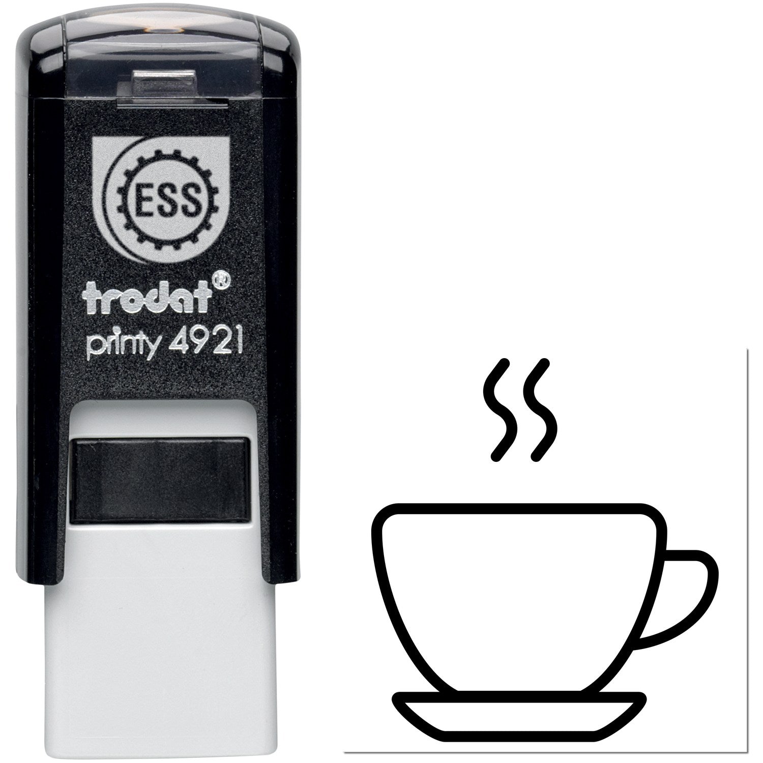 Self-Inking Steaming Coffee Cup Loyalty Stamp with black casing and clear top, featuring a steaming coffee cup design. Perfect for cafes and loyalty programs.