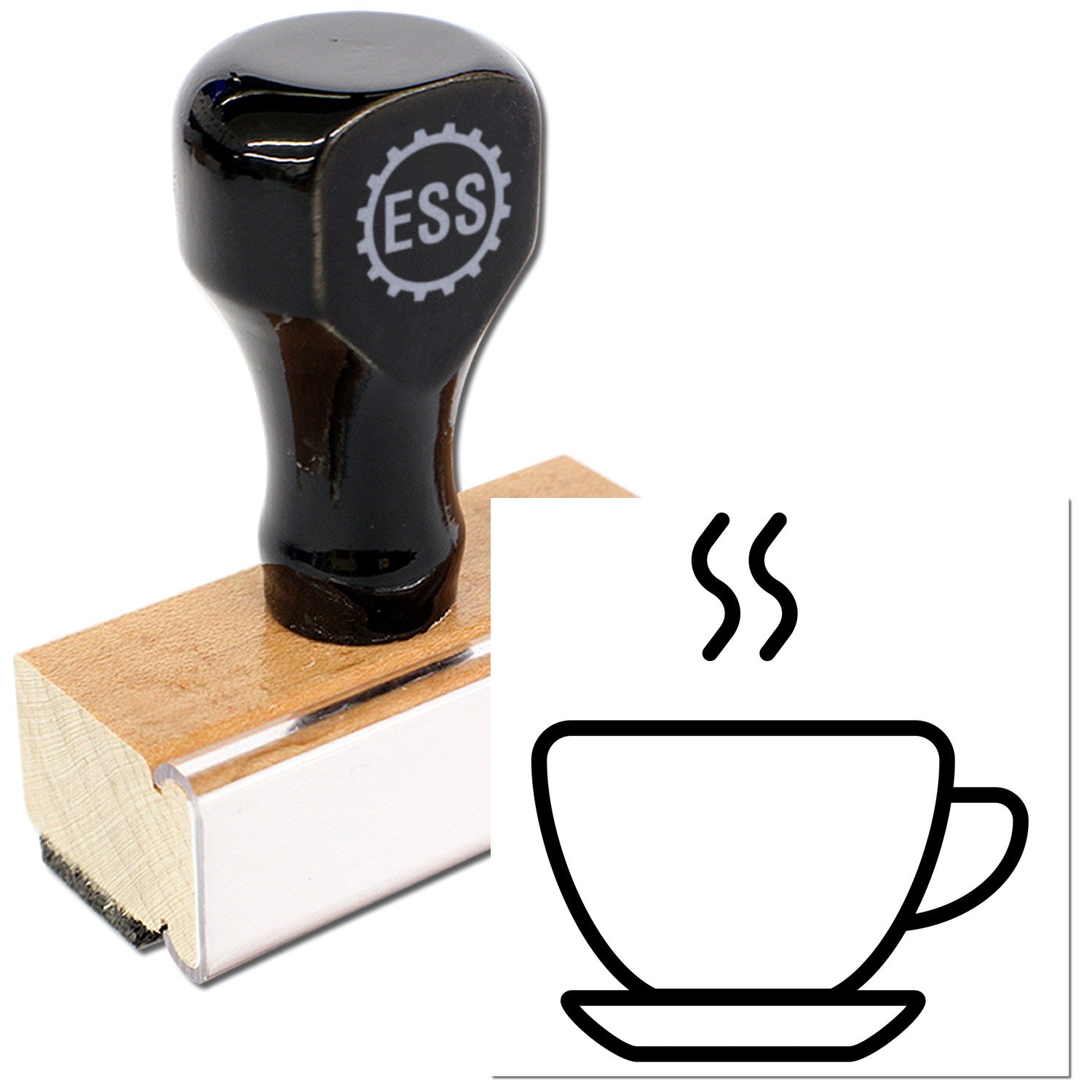 Wood Handle Steaming Coffee Cup Loyalty Rubber Stamp with a sleek black top and wooden base, featuring a steaming coffee cup design. Perfect for cafes and coffee enthusiasts.