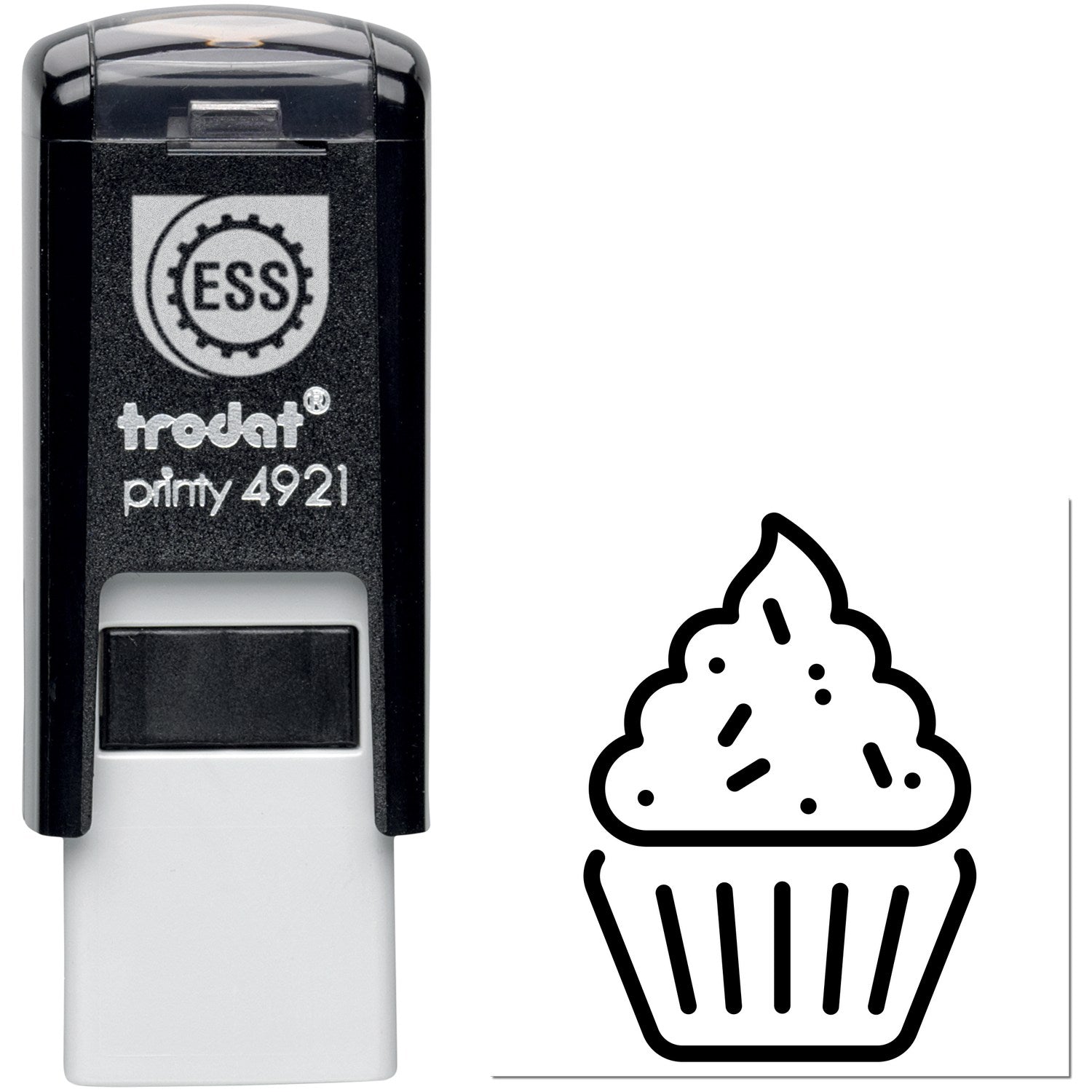 Self-Inking Happy Cupcakes Card Reward Stamp featuring a black casing with a cupcake design imprint. Perfect for teachers and parents to reward and motivate children.