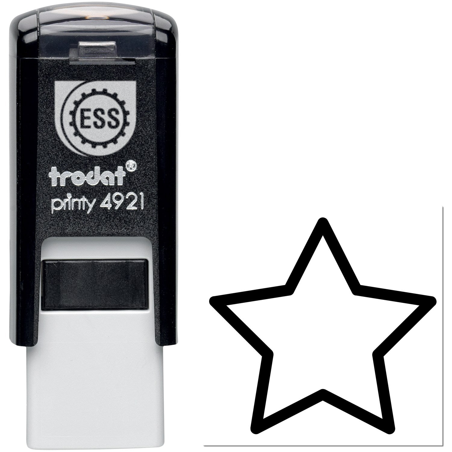 Self-Inking Star Loyalty Points Stamp with black casing and clear top, featuring a star imprint design. Ideal for rewarding customer loyalty. Compact and easy to use.