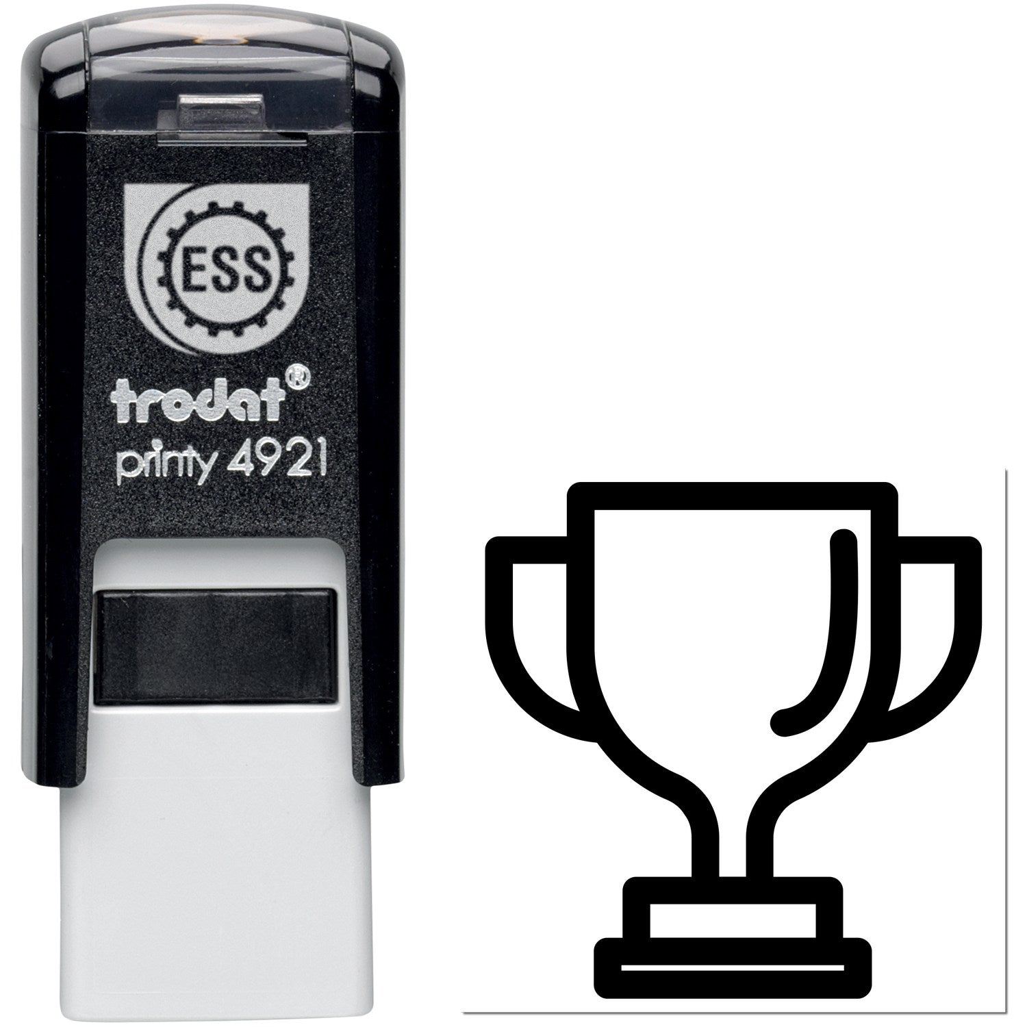 Self-Inking Winning Customer Reward Stamp with black casing and trophy icon, designed for easy, mess-free stamping. Perfect for recognizing customer achievements and enhancing loyalty programs.