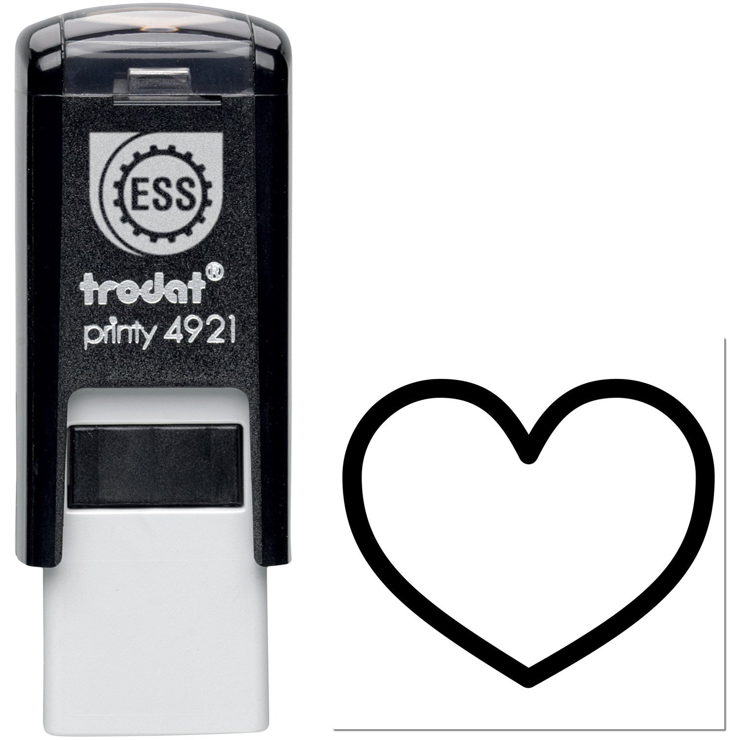 Self-Inking Heartfelt Loyalty Purchase Stamp with black casing and heart design imprint. Ideal for businesses seeking efficient, repeatable stamping. Compact and easy to use.