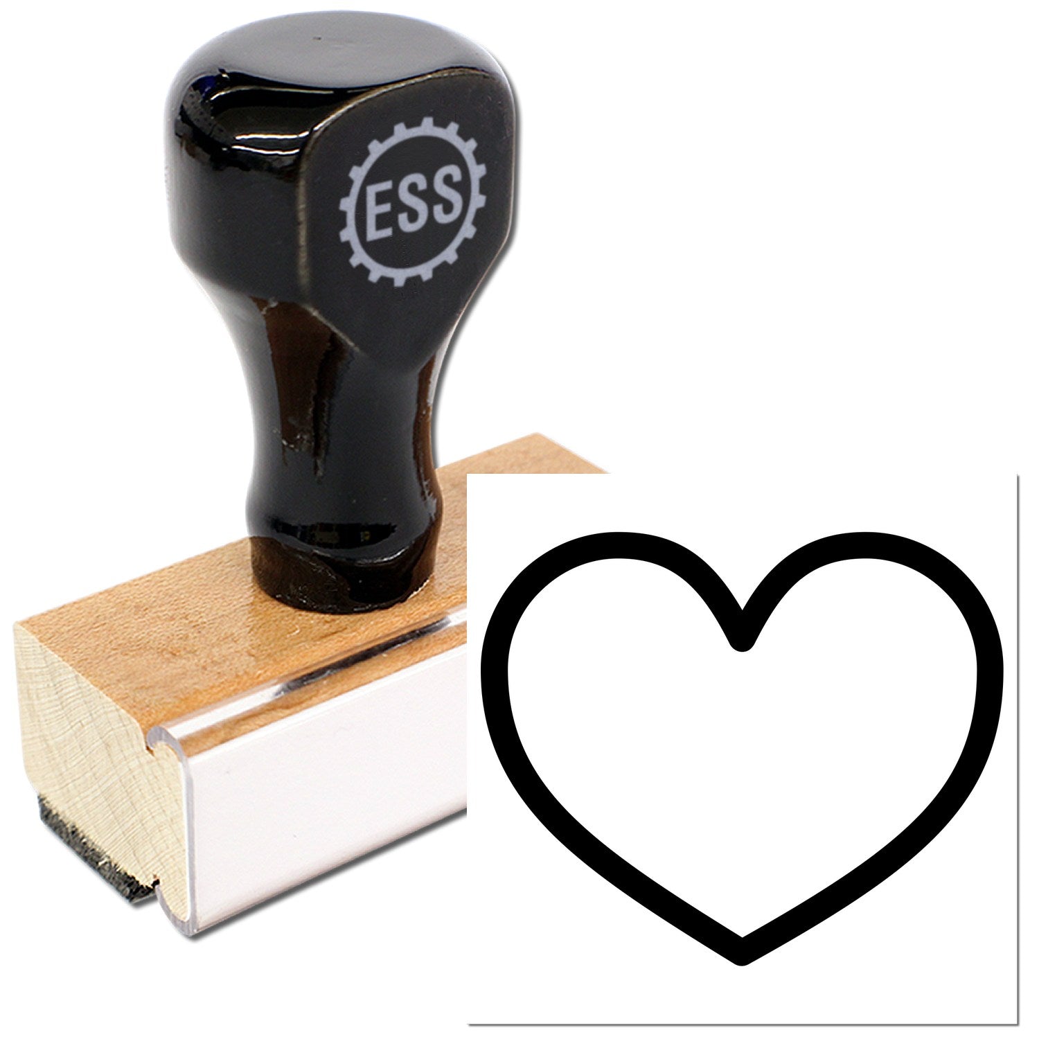 Wood Handle Heartfelt Loyalty Purchase Rubber Stamp with a black grip and wooden base, featuring a heart design imprint. Perfect for crafting and personalizing projects.