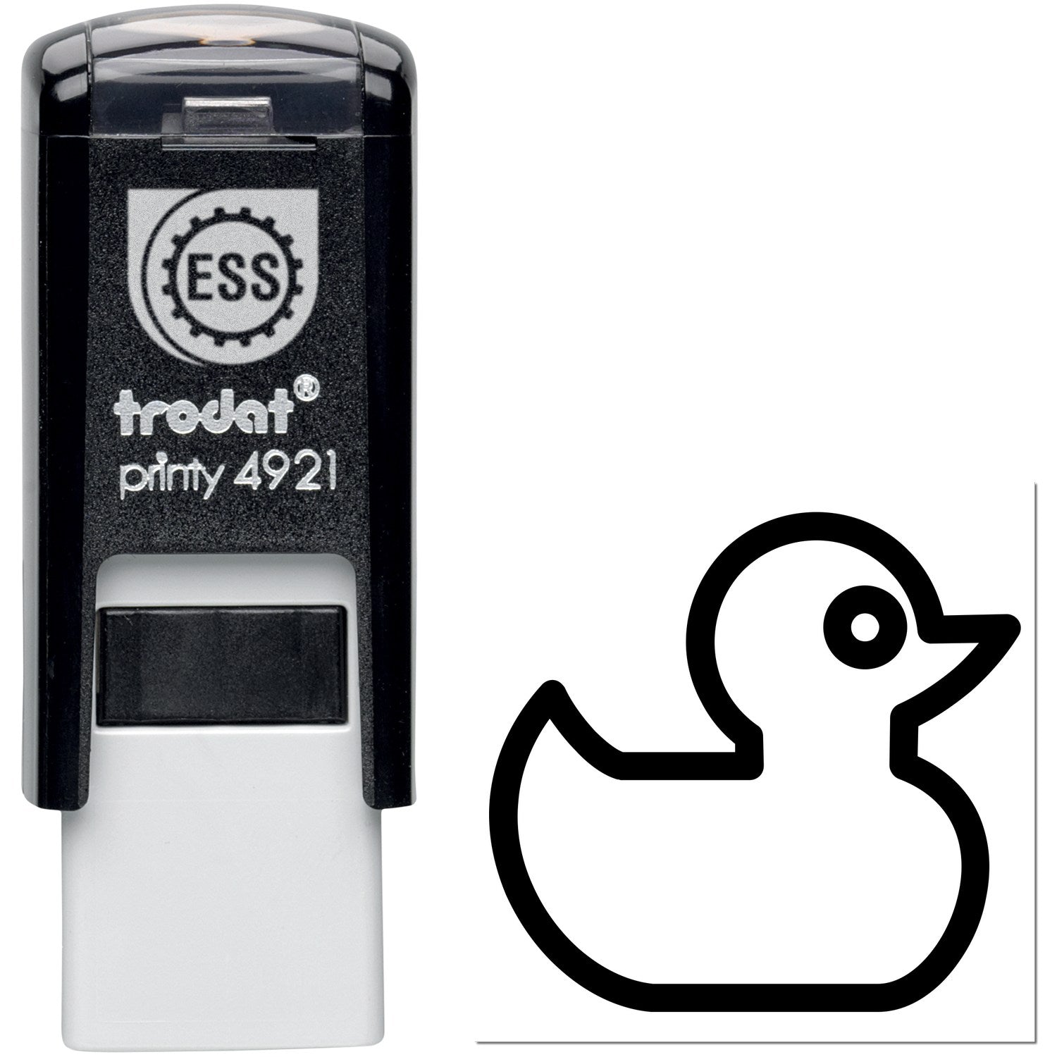 Self-Inking Ducky Delight Repeat Customer Stamp featuring a black casing with a duck design imprint. Ideal for frequent use, ensuring clear, consistent impressions.