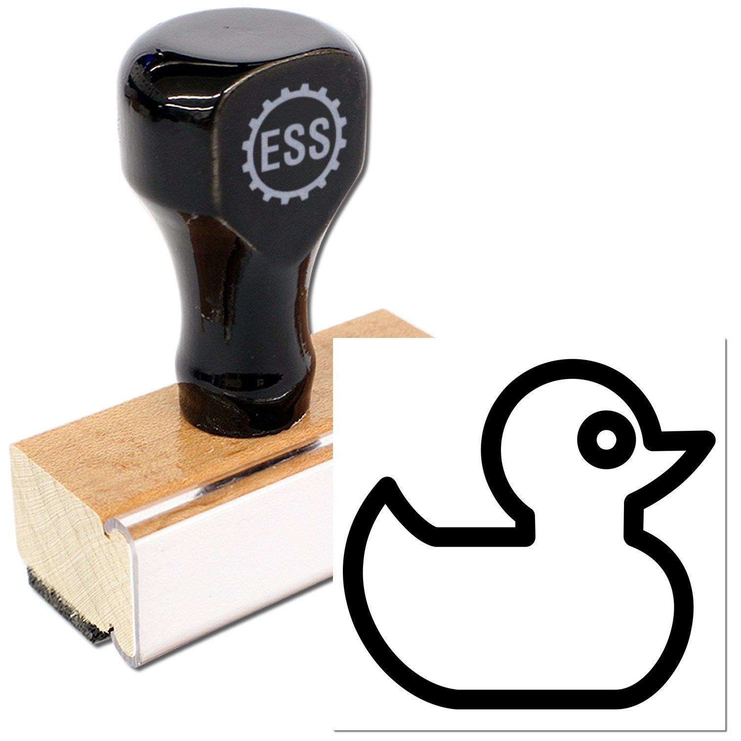 Wood Handle Ducky Delight Repeat Customer Rubber Stamp with a sleek black top and wooden base, featuring a cute duck design. Perfect for adding charm to repeat customer interactions.