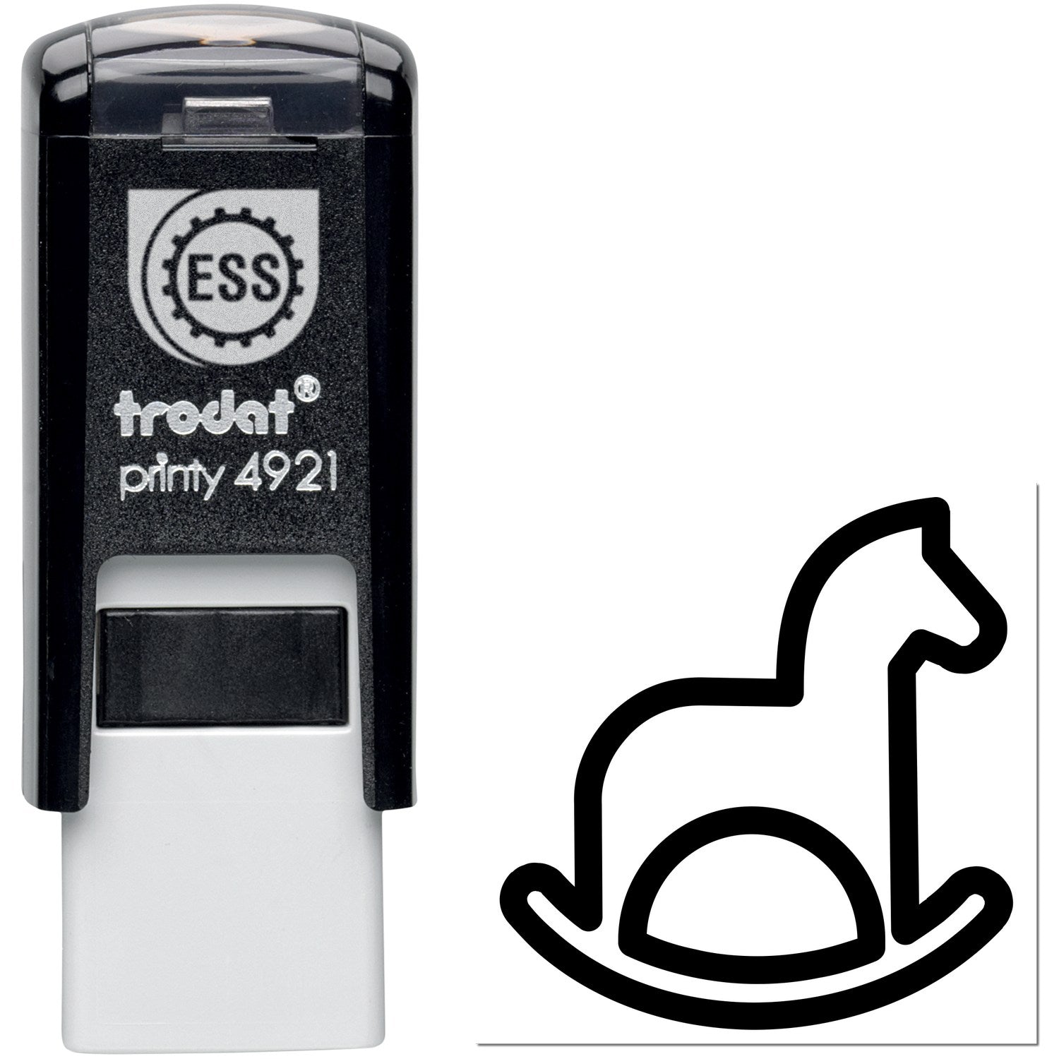 Self-Inking Rocking Horse Delight Loyalty Scheme Stamp with black casing and rocking horse design imprint, ideal for loyalty programs.