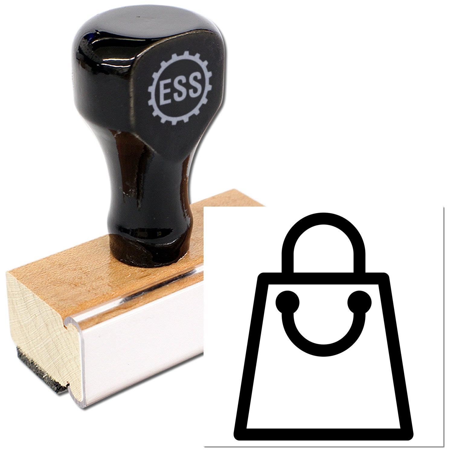 Wood Handle Shopper's Delight Membership Rubber Stamp with a sleek black top and sturdy wooden base, featuring a shopping bag icon. Perfect for crafting and personalizing.