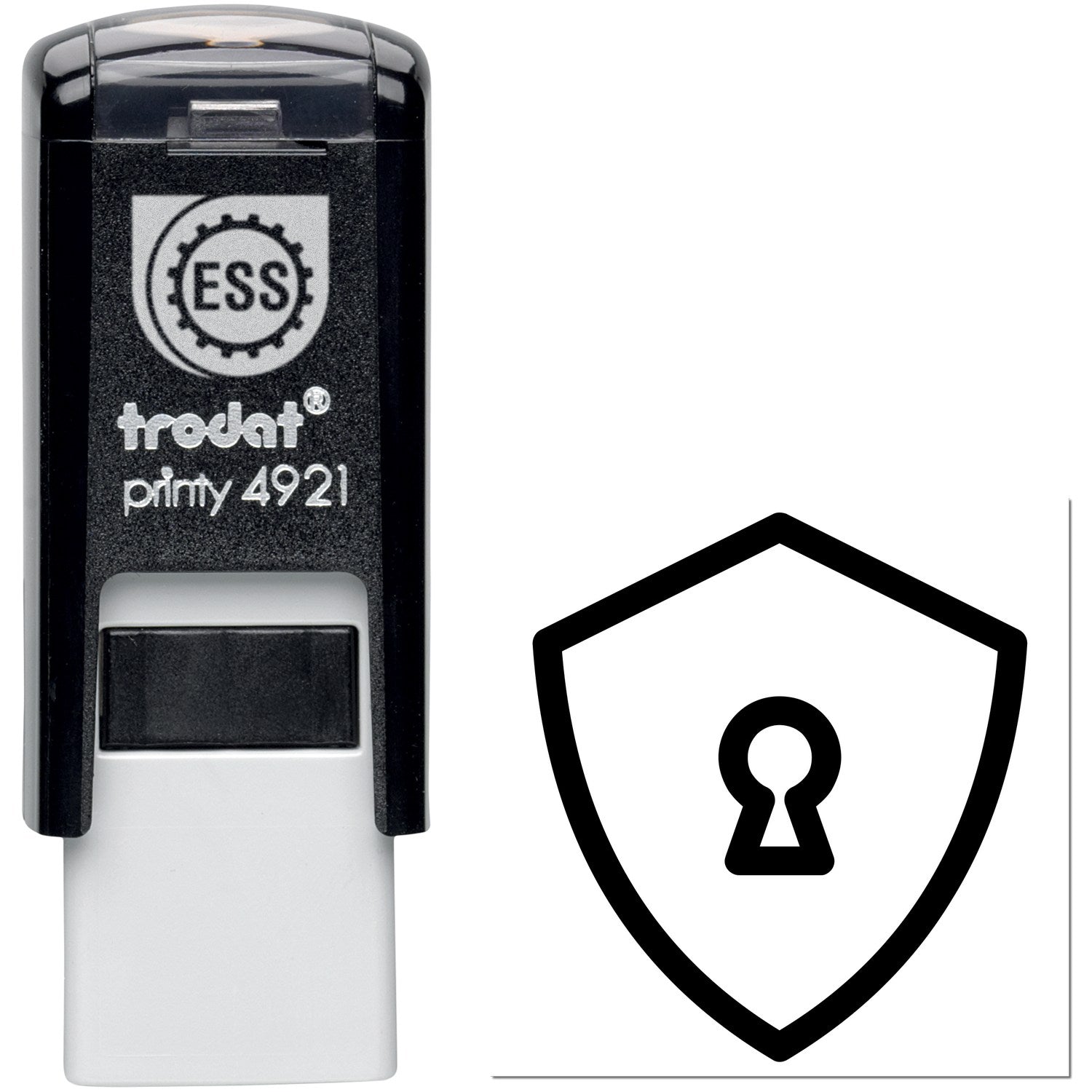 Self-Inking Secure Return Visit Stamp with black casing and ESS logo, featuring a lock icon for security. Ideal for efficient, secure stamping.