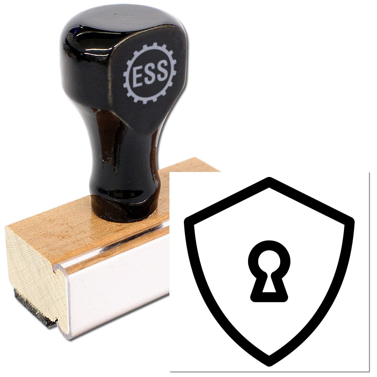 Wood Handle Secure Return Visit Rubber Stamp with a sleek black top and engraved logo, mounted on a sturdy wooden base. Ideal for secure document marking.