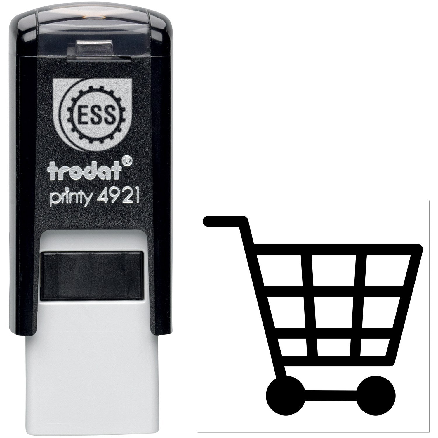 Self-Inking Shopper's Delight Discount Stamp with black casing and a shopping cart icon. Ideal for retail use, featuring easy-to-use design and durable construction.