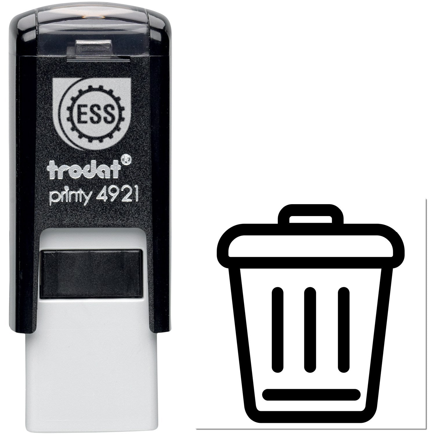 Self-Inking Clean World-Based Rewards Stamp featuring a black casing with a trash bin icon, designed for efficient and eco-friendly stamping.