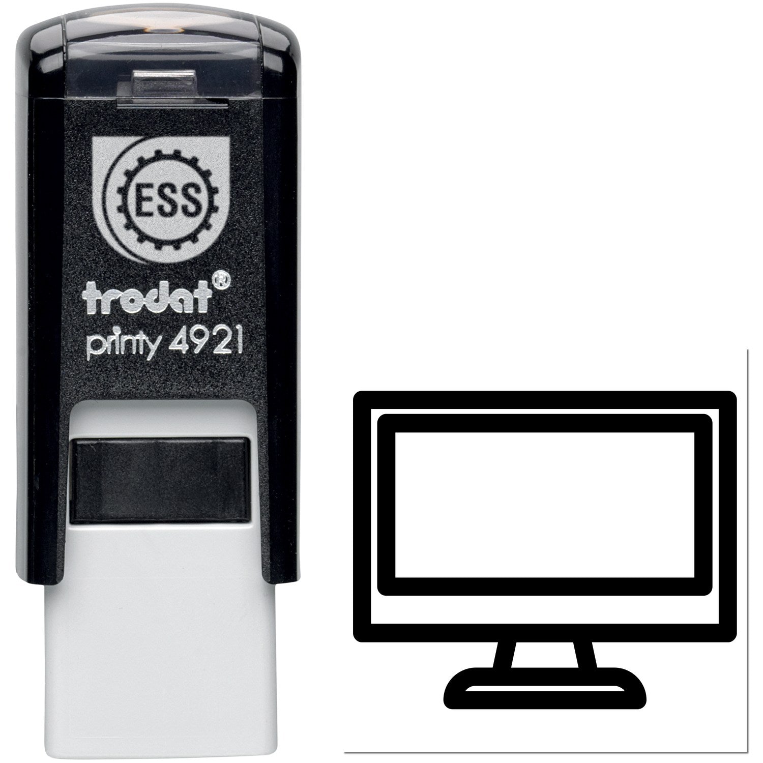 Self-Inking Retro TV Rewards Stamp with black casing and a TV screen icon imprint, featuring a compact design for easy use. Ideal for teachers and reward systems.