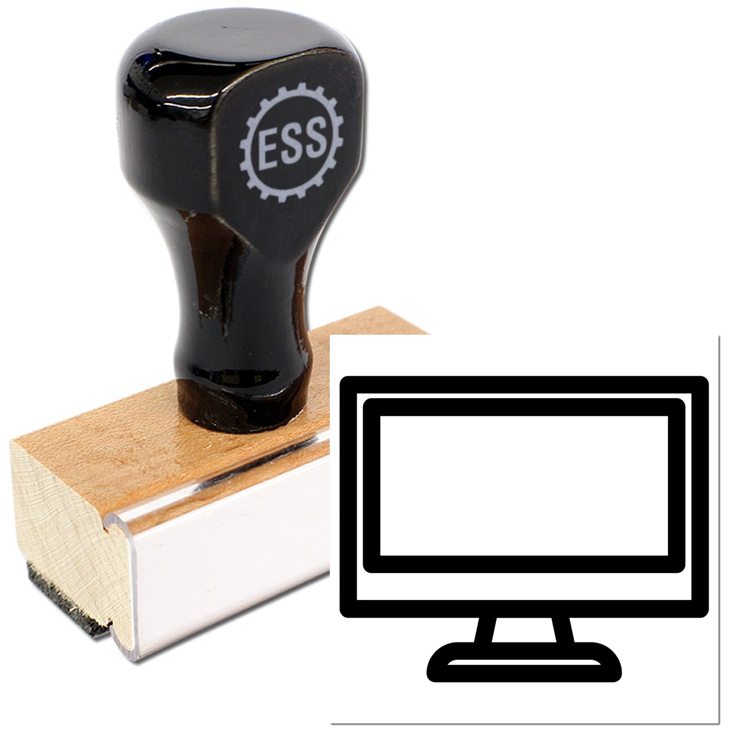 Wood Handle Retro TV Rewards Rubber Stamp with a sleek black top and wooden base, featuring a TV icon. Perfect for adding a vintage touch to your projects.