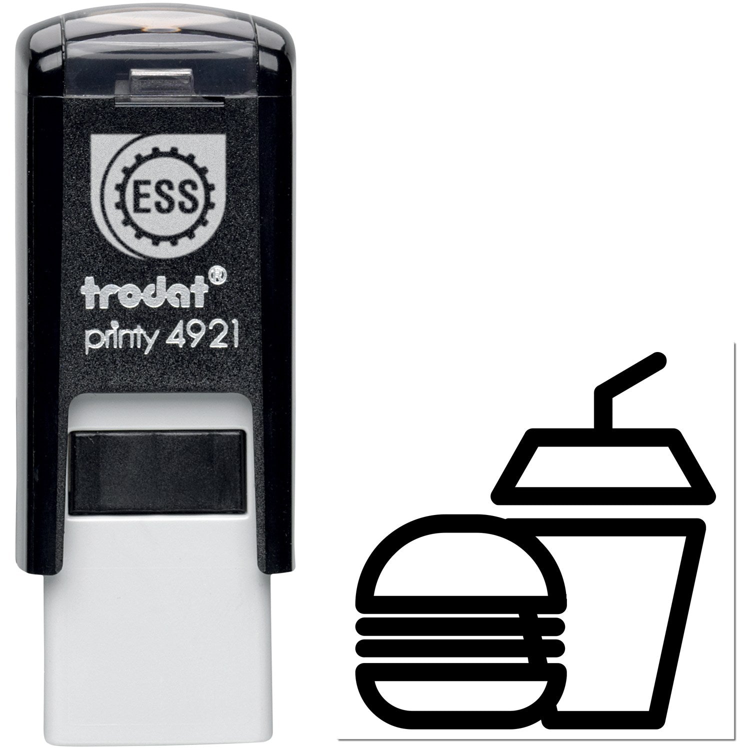 Self-Inking Burger Bliss Loyalty Punch Card Stamp with black casing and burger icon, ideal for restaurant loyalty programs.