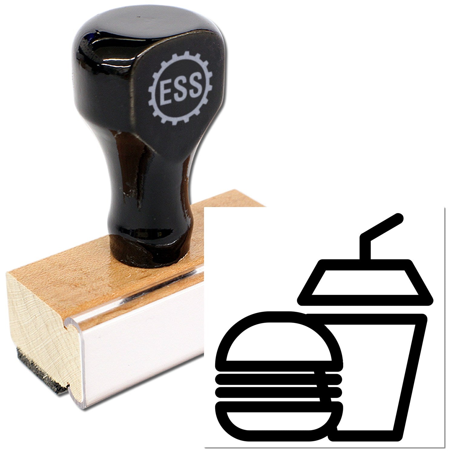 Wood Handle Burger Bliss Loyalty Punch Card Rubber Stamp with black top and wooden base, featuring a burger and drink icon. Perfect for loyalty programs and promotions.