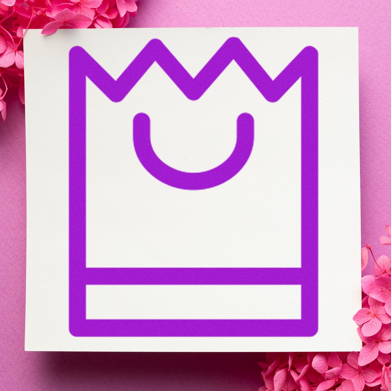 Self-Inking Shopper's Delight Reward Program Stamp with a purple shopping bag icon on a white background, surrounded by pink flowers.