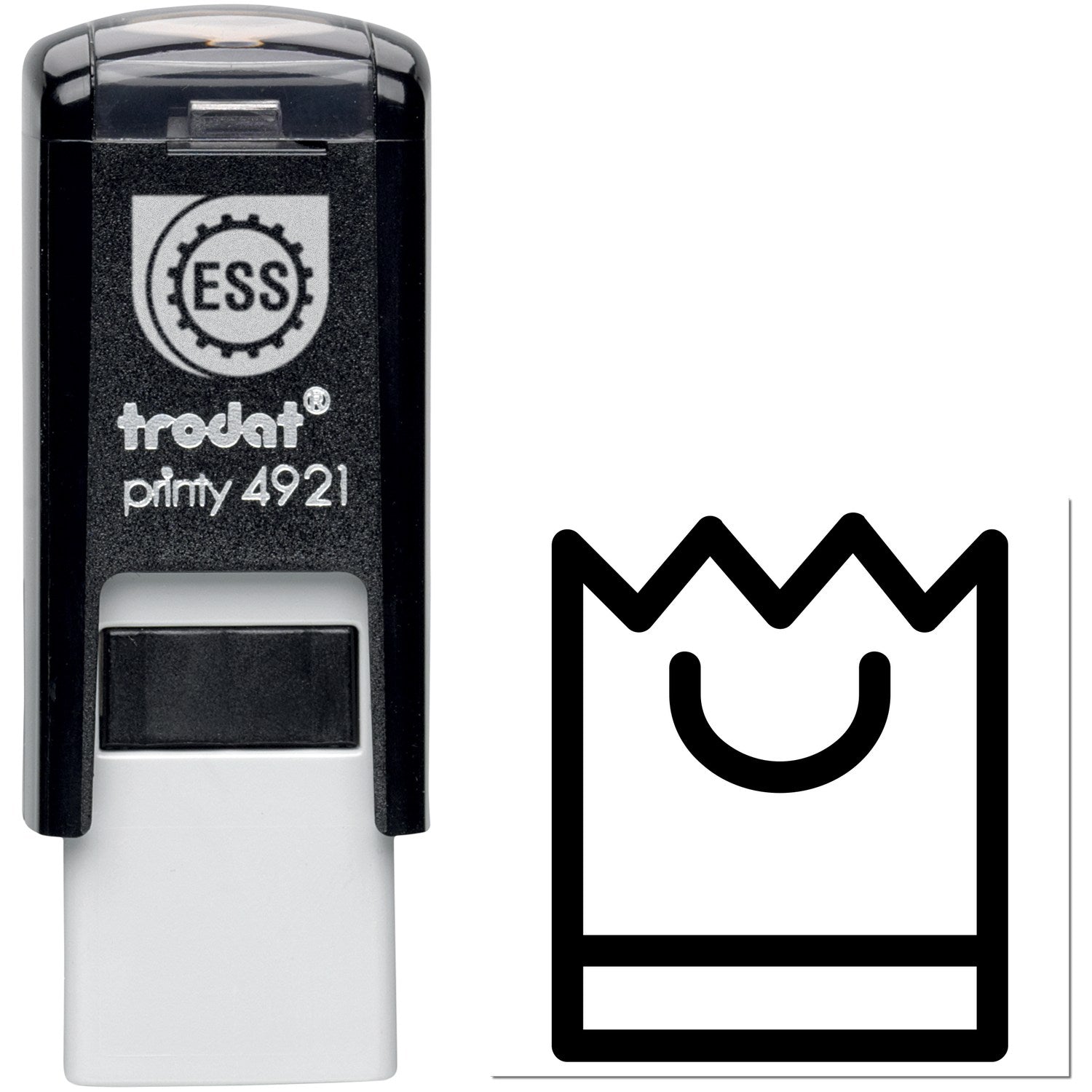 Self-Inking Shopper's Delight Reward Program Stamp featuring a sleek black design with a shopping bag icon. Ideal for loyalty programs and promotions.