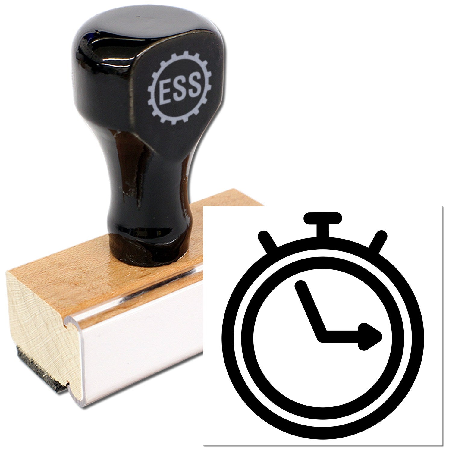 Wood Handle Speedy Rewards Program Rubber Stamp with a sleek black top and durable wooden base, featuring a stopwatch icon. Perfect for efficient loyalty program marking.