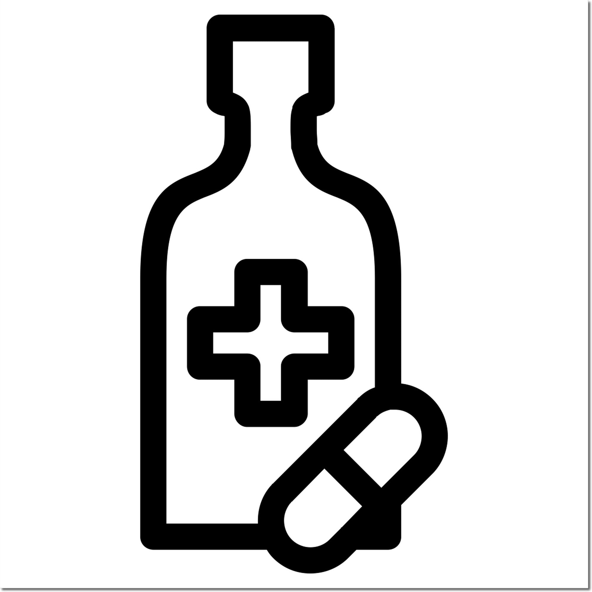 Self-Inking Happy Health Visit Stamp featuring a black imprint of a medical bottle with a cross and a heart. Ideal for healthcare professionals to mark patient visits efficiently.